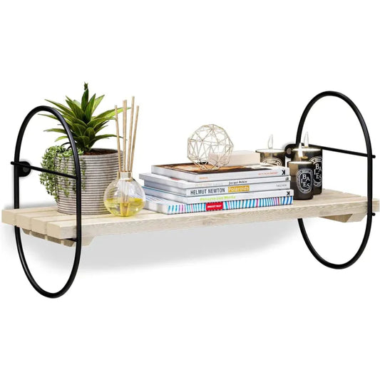 Wall-Mounted Floating Shelf, Pine Wood Surface, Black Oval Metal Frame