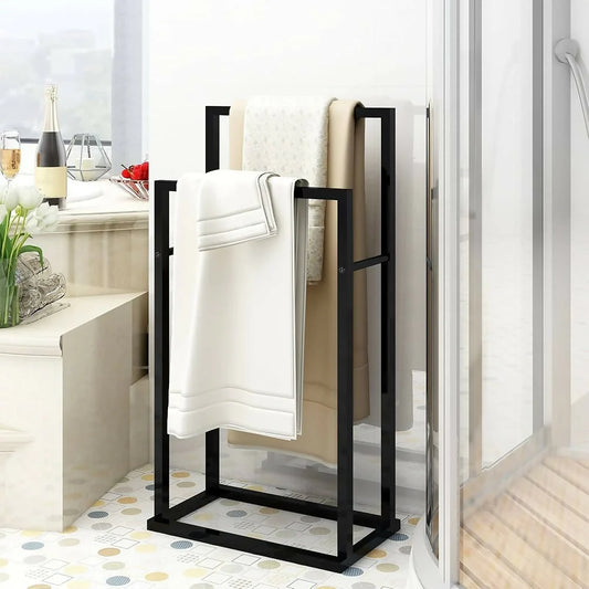 Metal Towel Bathroom Rack 2 Bars Freestanding Drying Shelf Storage Organizer Holder (Black)