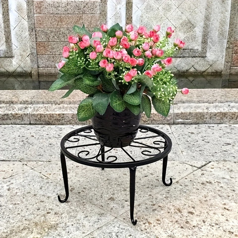 1pc Sturdy & Durable Black Metal Plant Stand with Intricate Floral Patterns -