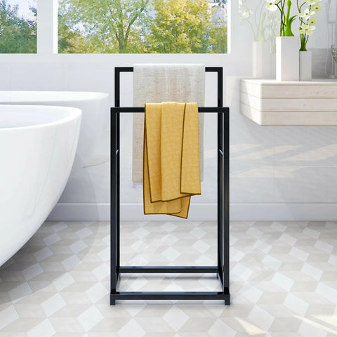 Metal Towel Bathroom Rack 2 Bars Freestanding Drying Shelf Storage Organizer Holder (Black)