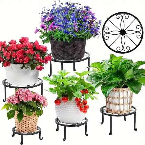 1pc Sturdy & Durable Black Metal Plant Stand with Intricate Floral Patterns -