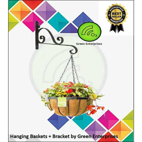 Hanging Basket Iron Frame Planter (Coco Liner inside ) with Wall hanging Iron bracket for Home, Garden, Patio, Balcony Decor